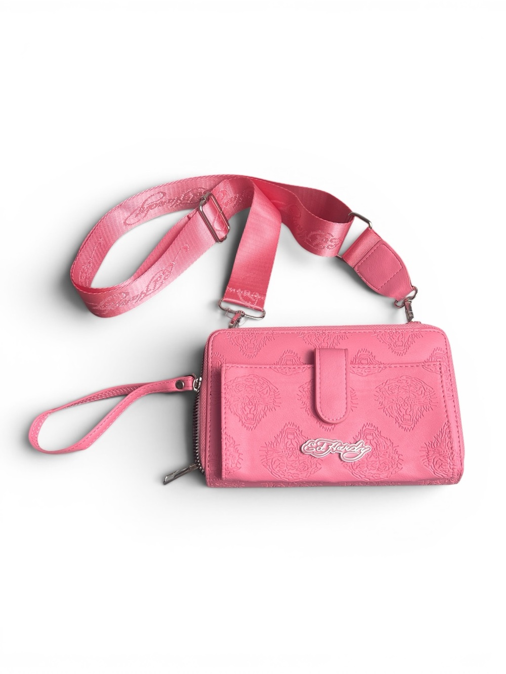 Ed Hardy Pink‎ Tiger Embossed Wallet Wristlet Clutch Crossbody Bag Compartment